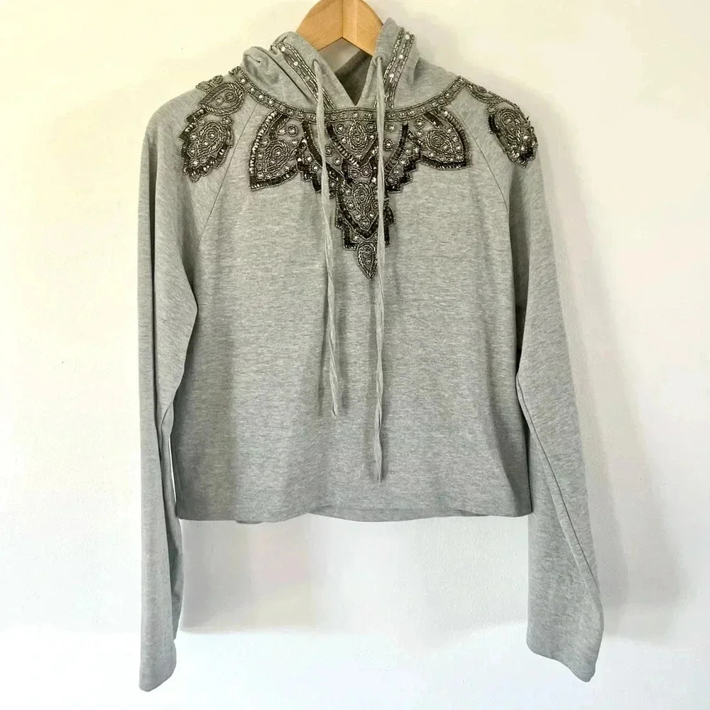 Love Sam Gray Beaded‎ Sequin Wide Sleeve Embellished Hoodie Size Small